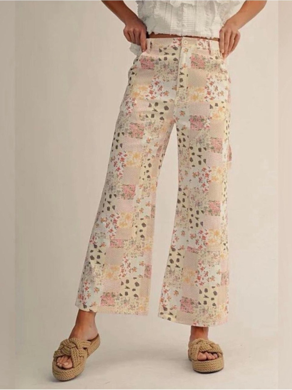 Pastel Floral Patchwork Wide-Leg Pants in Cream & Pastel - Picture 2 of 7